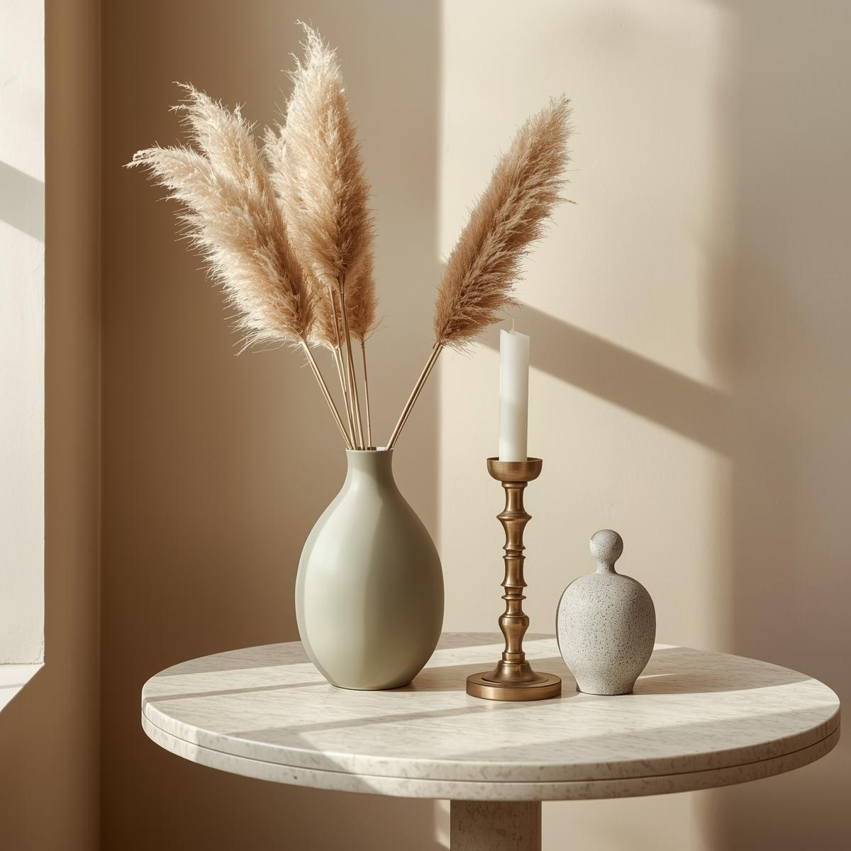 Modern home decor vignette with a vase and candle stand on a styled table